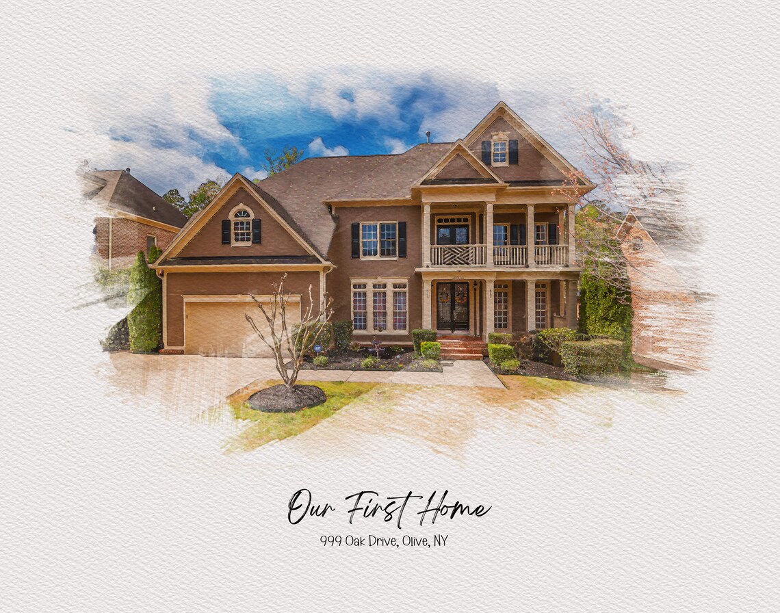 Our First Home Olive NY Bright Sky Watercolor House Portrait Poster - Image 3