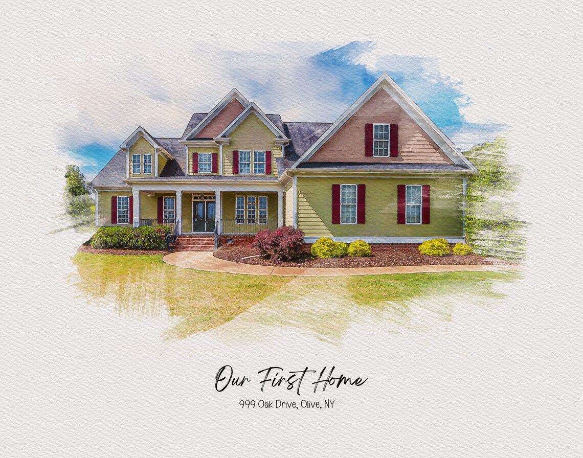 Our First Home Olive NY Bright Sky Watercolor House Portrait Poster - Image 2