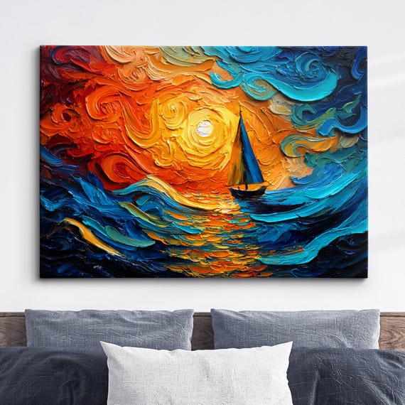 Beach Waves Boat Palette Painting Abstract Oil Wall Art Framed Canvas Poster Print Homeoffice Room Decor Gifts