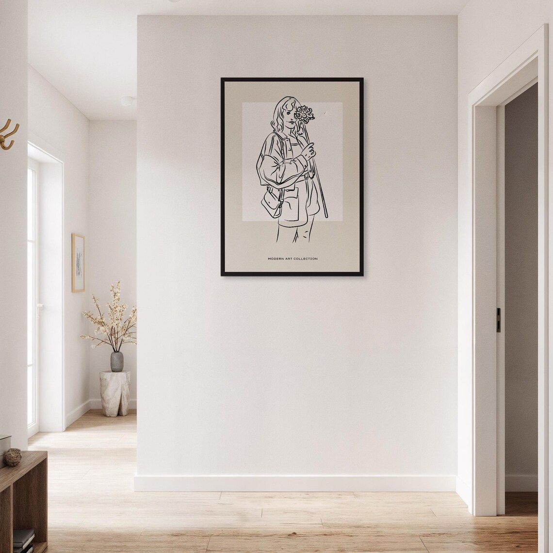 Minimalist Line Drawing Woman With Flowers Modern Feminine Art Poster