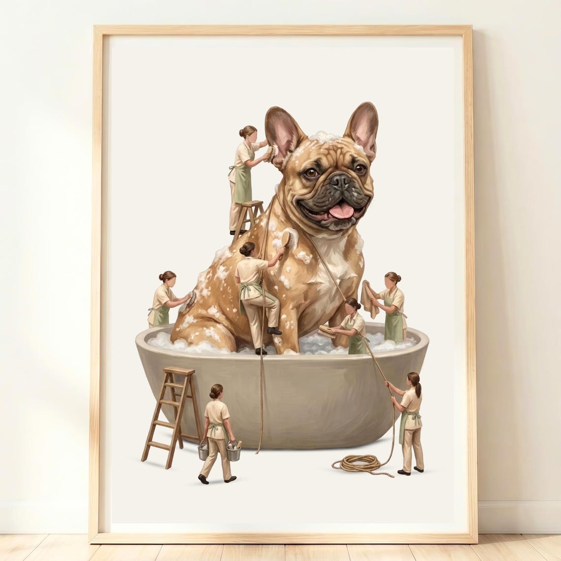 Tiny Bathers French Bulldog Big Bath Day Funny Bathroom Poster