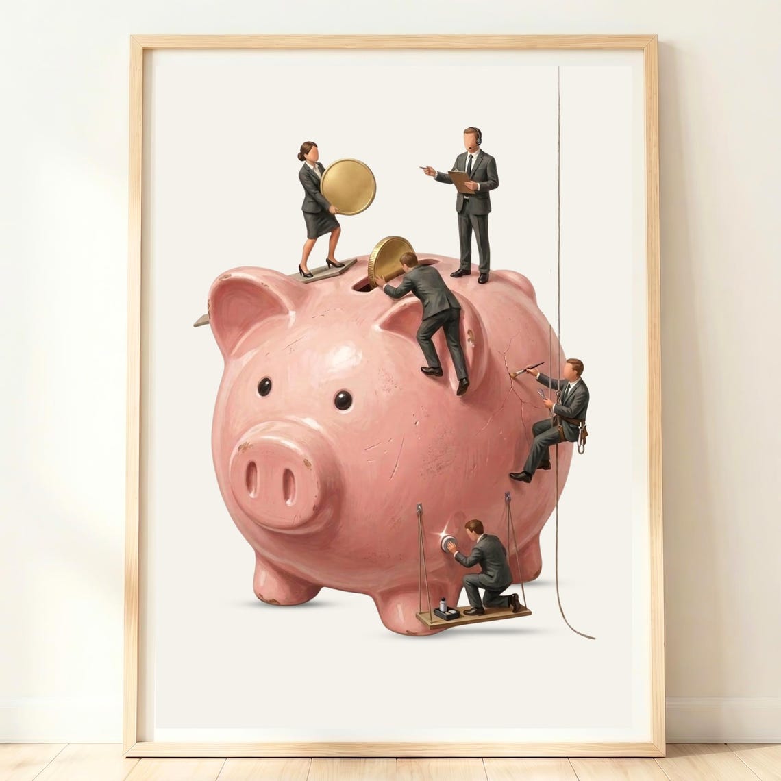 Tiny Business People Giant Pink Piggy Bank Finance Fun Poster