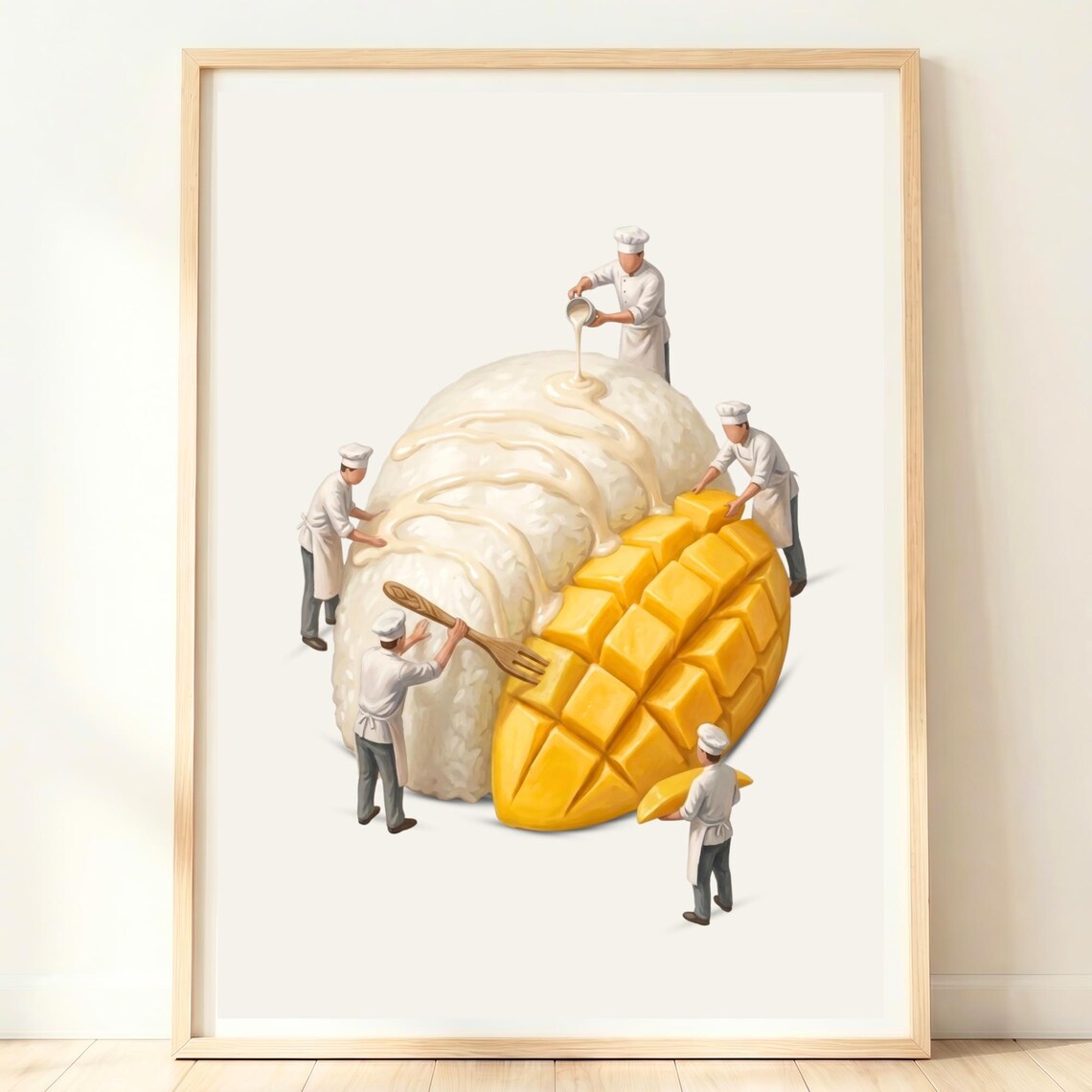 Giant Mango Sticky Rice Dome With Tiny Chefs Pouring Coconut Cream Poster