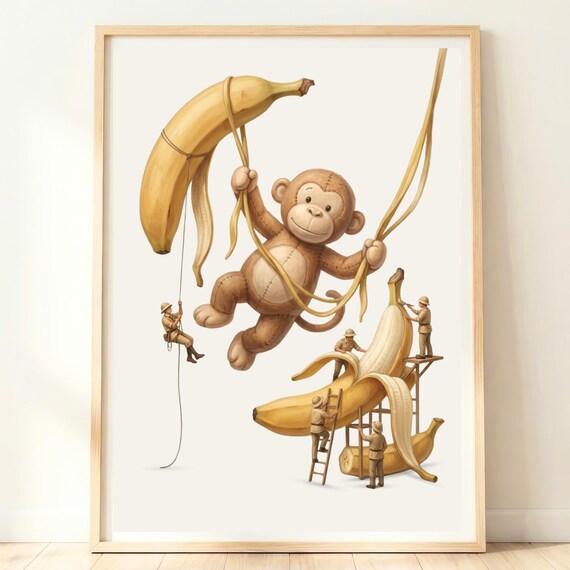 Plush Monkey With Giant Bananas Whimsical Kids Nursery Poster