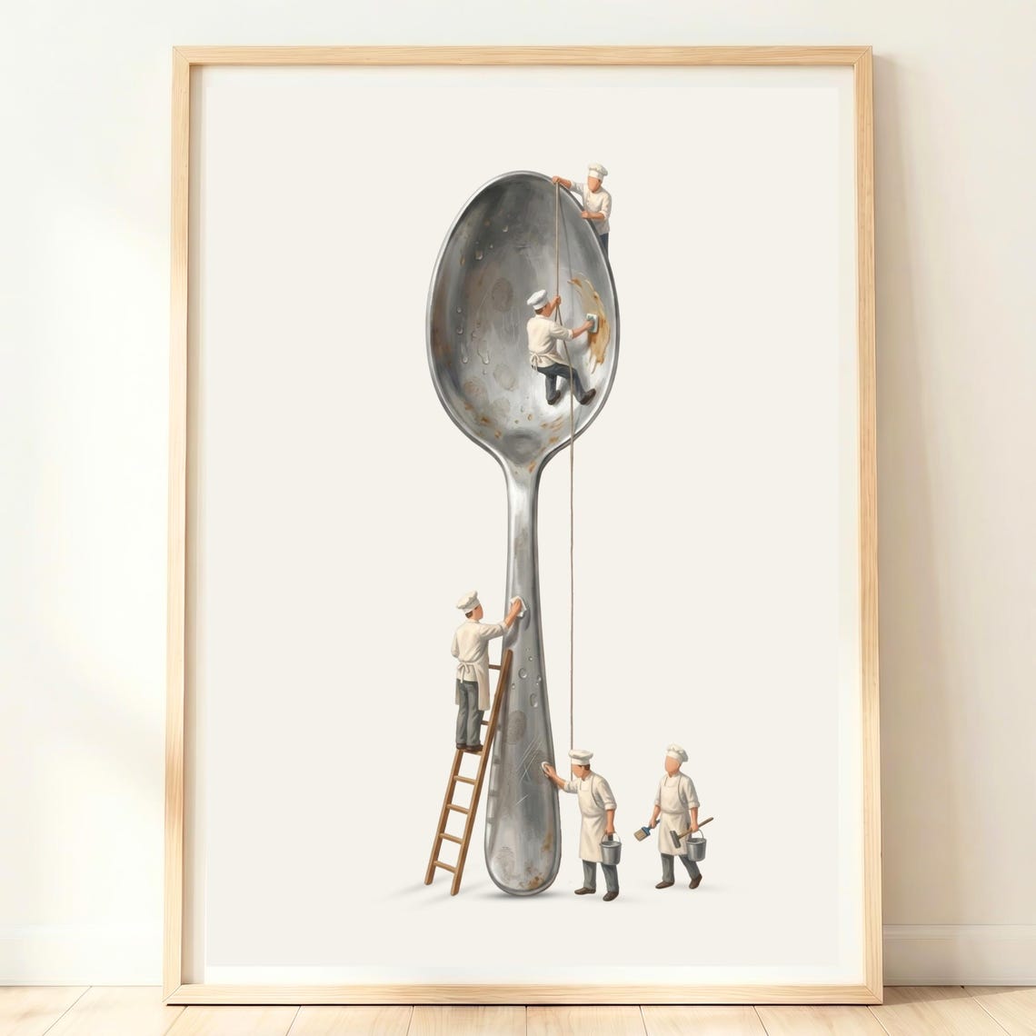 Miniature Chefs Polishing Giant Spoon Funny Kitchen Art Poster