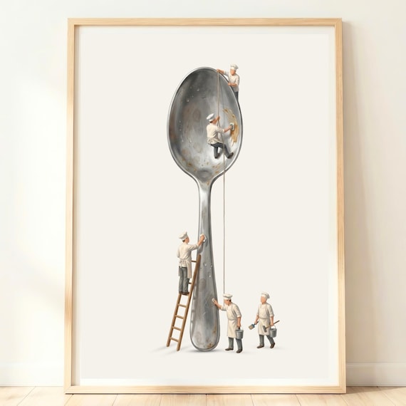 Miniature Chefs Polishing Giant Spoon Funny Kitchen Art Poster