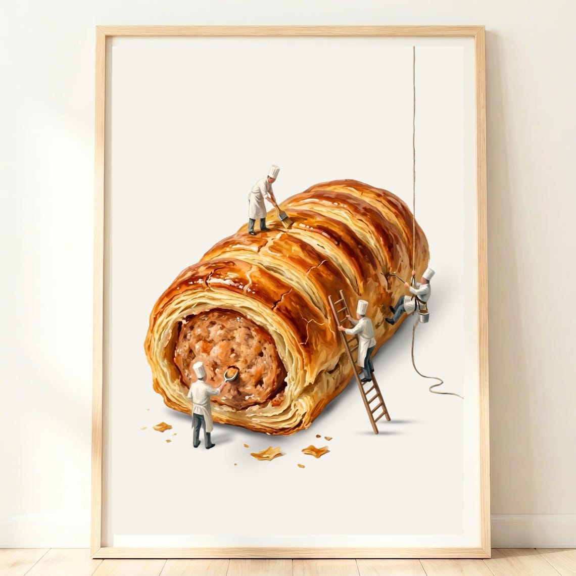 Giant Sausage Roll Tiny Chefs Whimsical British Bakery Food Art Poster