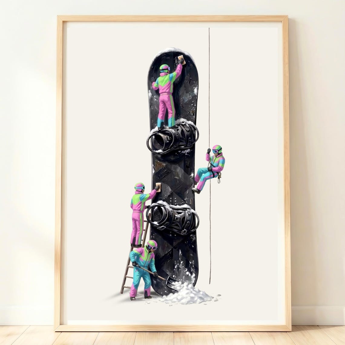 Tiny Skiers Waxing Giant Snowboard Winter Sport Whimsical Poster