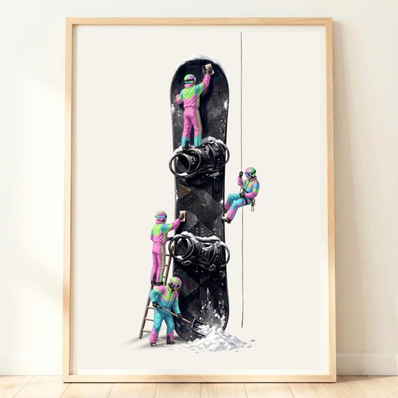 Tiny Skiers Waxing Giant Snowboard Winter Sport Whimsical Poster