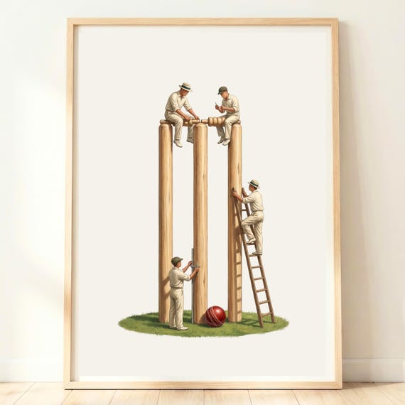 Tiny Cricketers Building Giant Stumps Surreal Sports Art Poster