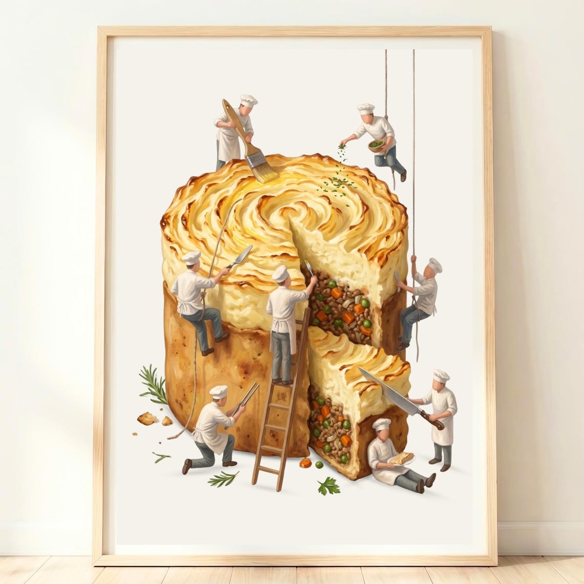 Giant Shepherds Pie With Tiny Chefs Funny British Comfort Food Poster