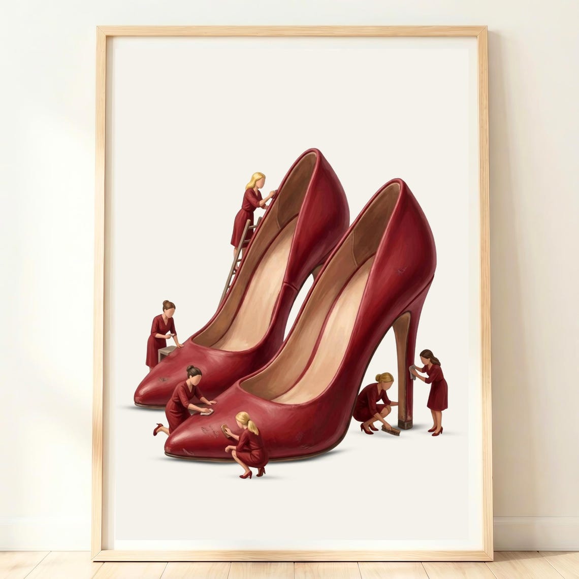 Miniature Women Polishing Giant Red High Heels Glam Decor Poster