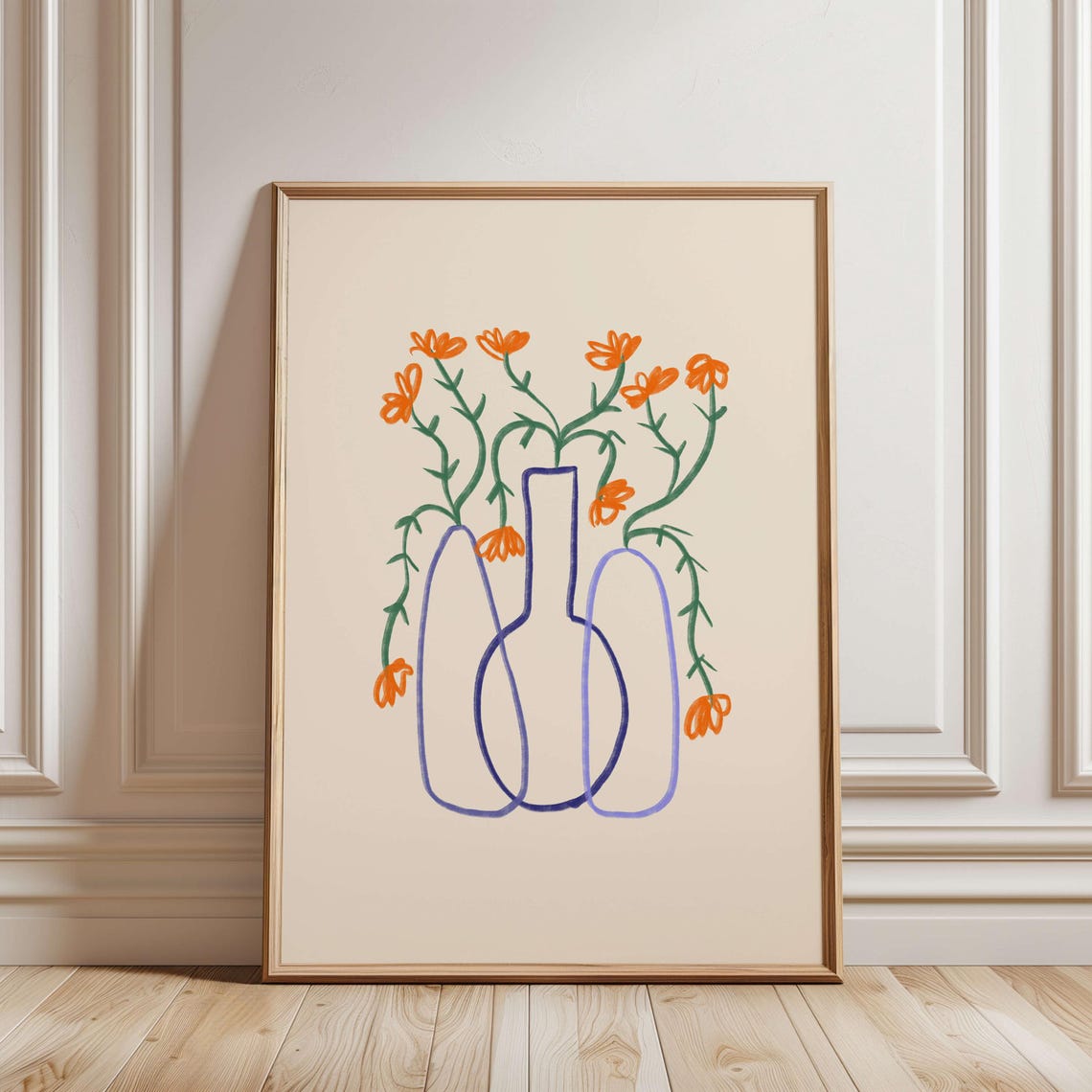Minimalist Orange Flowers In Line Art Vases Botanical Print Decor