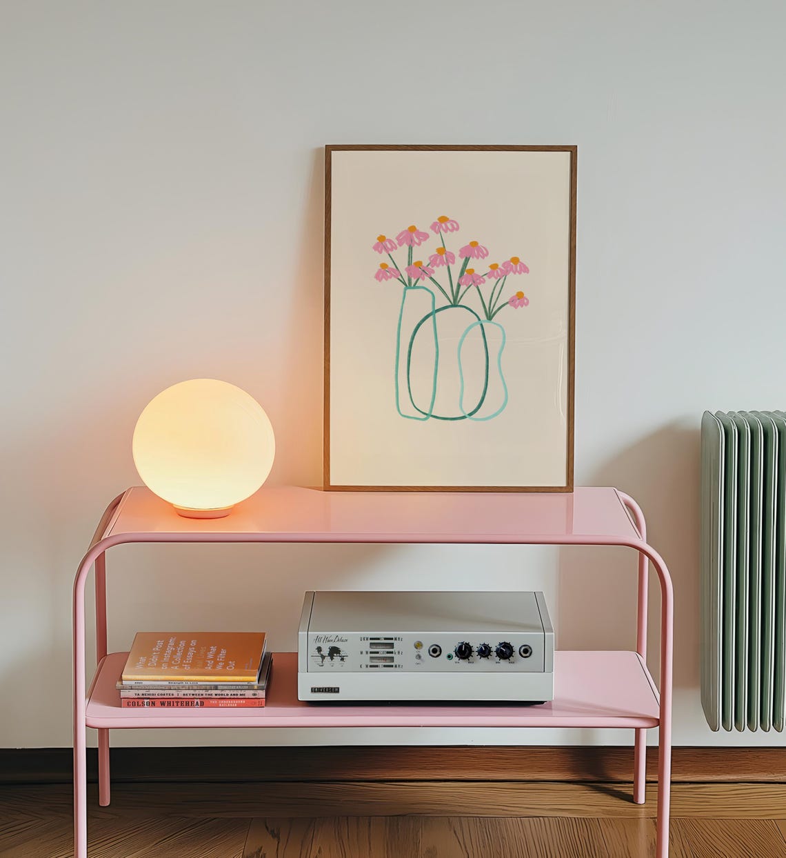 Pink Coneflowers in Green Vases Minimalist Floral Still Life Poster