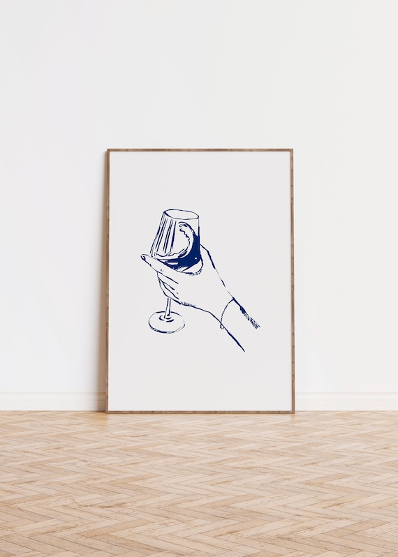 Navy Blue Line Art Hand Holding Cocktail Glass Bar Print Decor