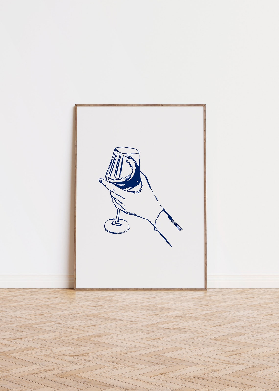 Navy Blue Line Art Hand Holding Cocktail Glass Bar Print Decor