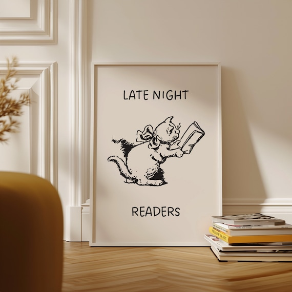Late Night Readers Cat Minimalist Book Lover Line Art Poster