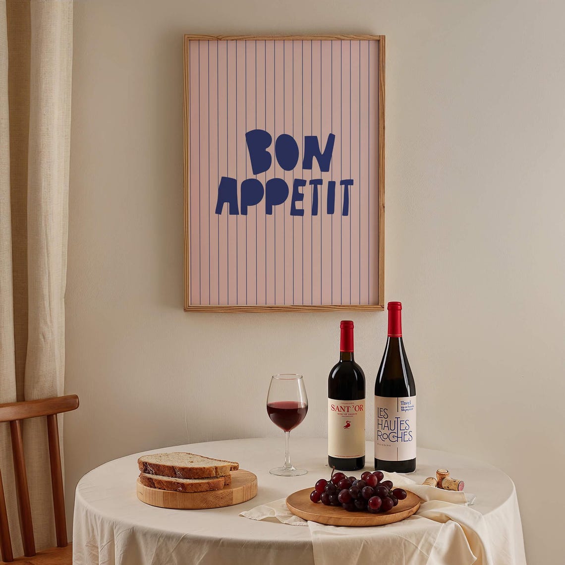 Bon Appetit Navy Striped Kitchen Poster Pink French Food Decor