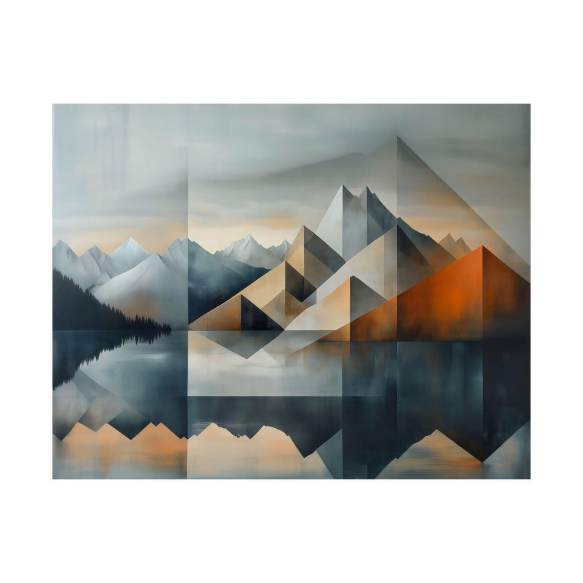 Snowy Geometric Peaks Lake Reflection Cool Blue Abstract Art Print - Image 3