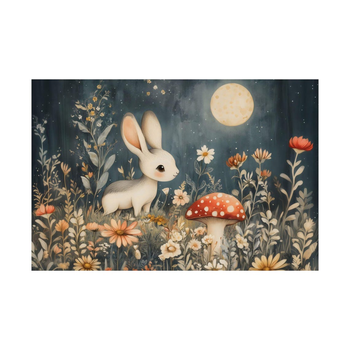 Little Sweet Bunny Under Full Moon With Red Mushroom Meadow Poster - Image 2