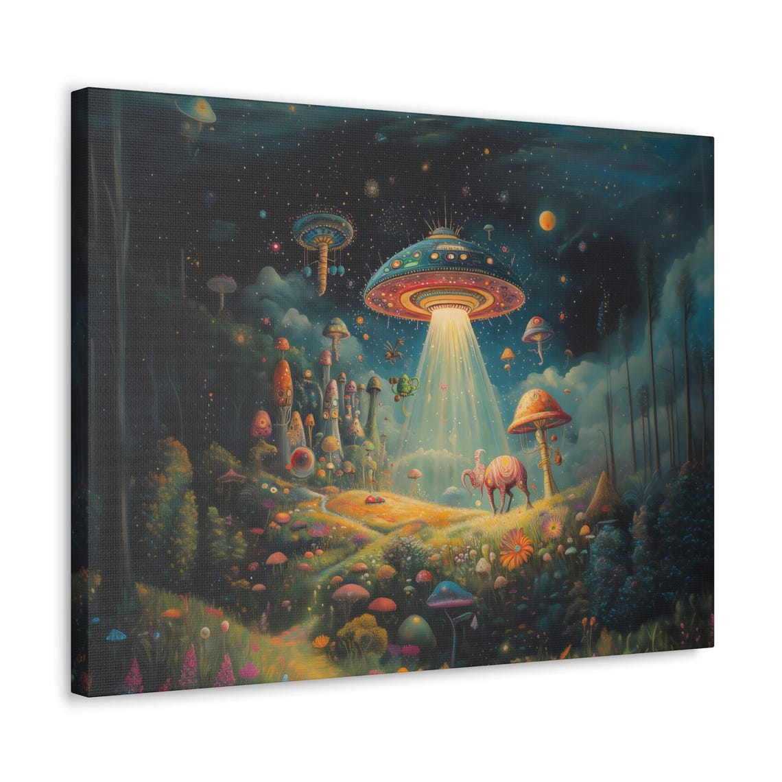 UFOs Over Starry Mushroom Village With Alien Creature Poster