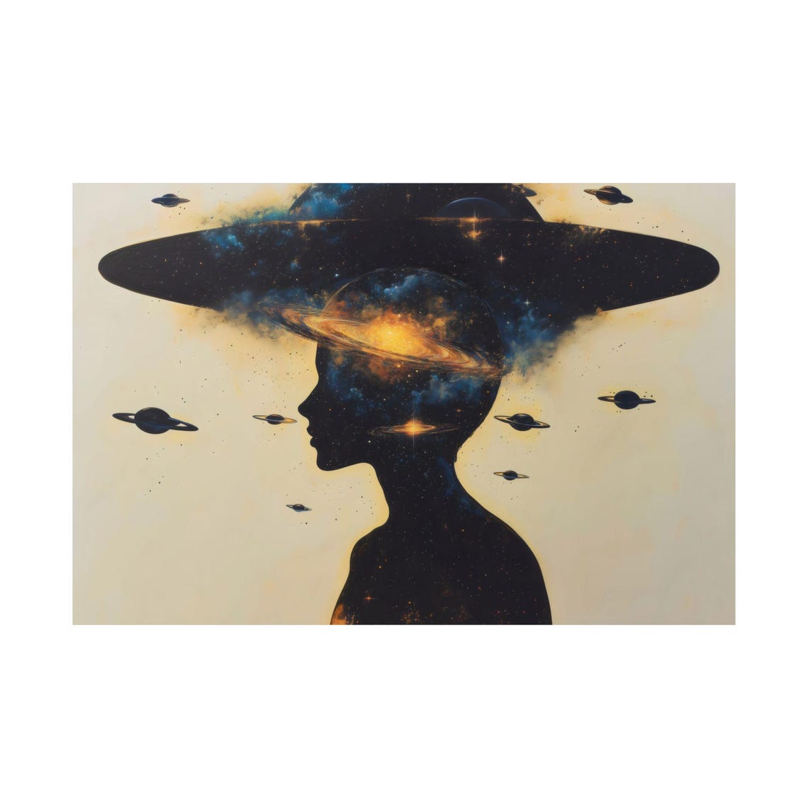 Glowing Cosmic Mind Silhouette With Galaxy Planets and UFOs Poster - Image 3
