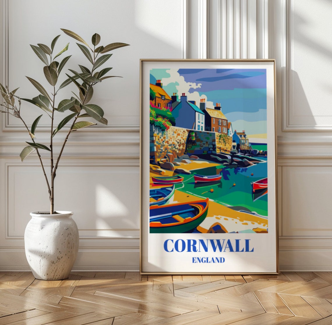 Cornwall England Harbor Fishing Village Colorful Travel Art Print