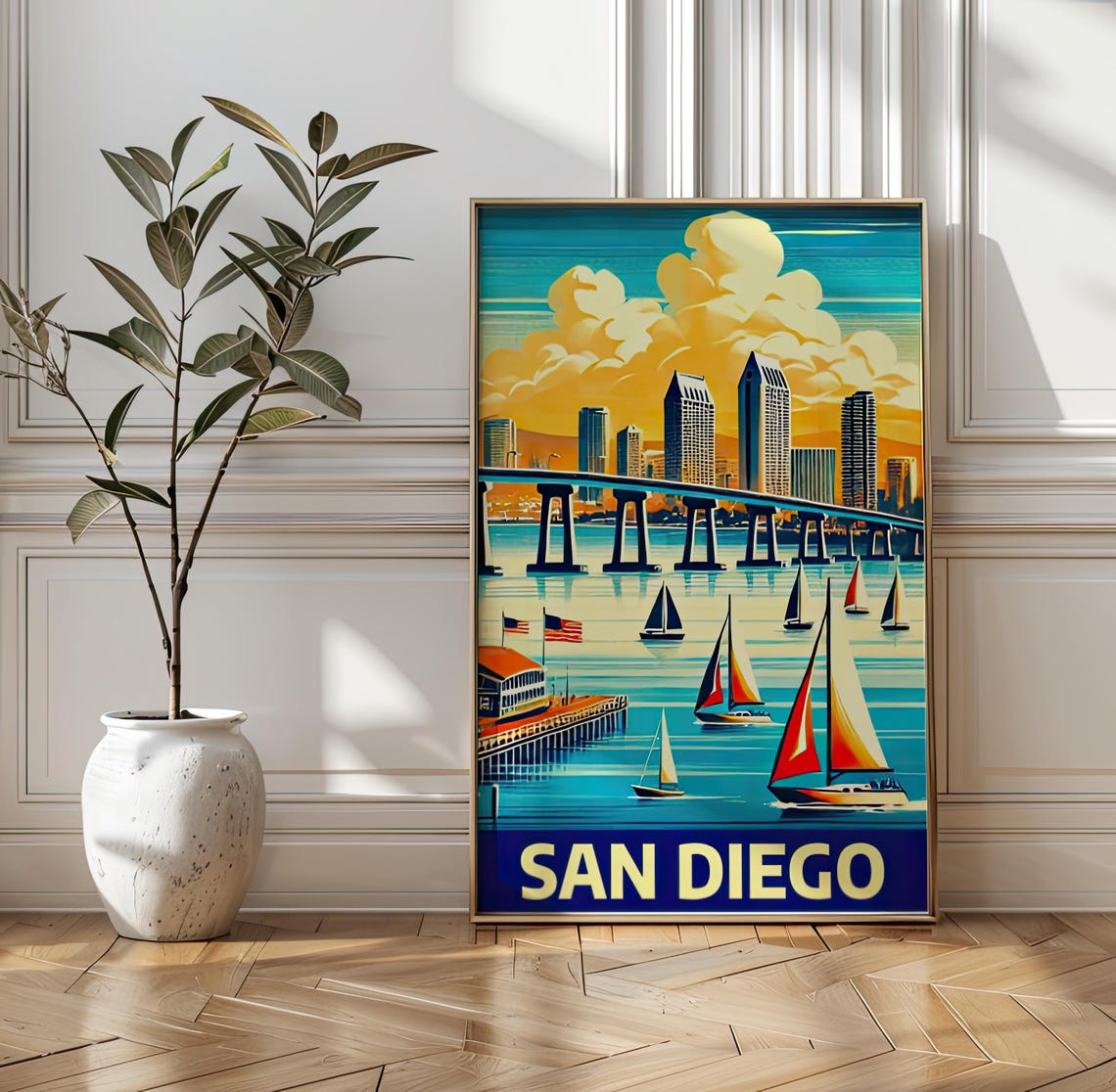 San Diego Bay Travel Poster Coronado Bridge Illustration Vintage Skyline Print Cityscape