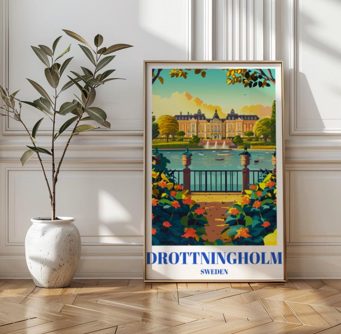 Drottningholm Palace Sweden Royal Gardens Vintage Travel Poster Art
