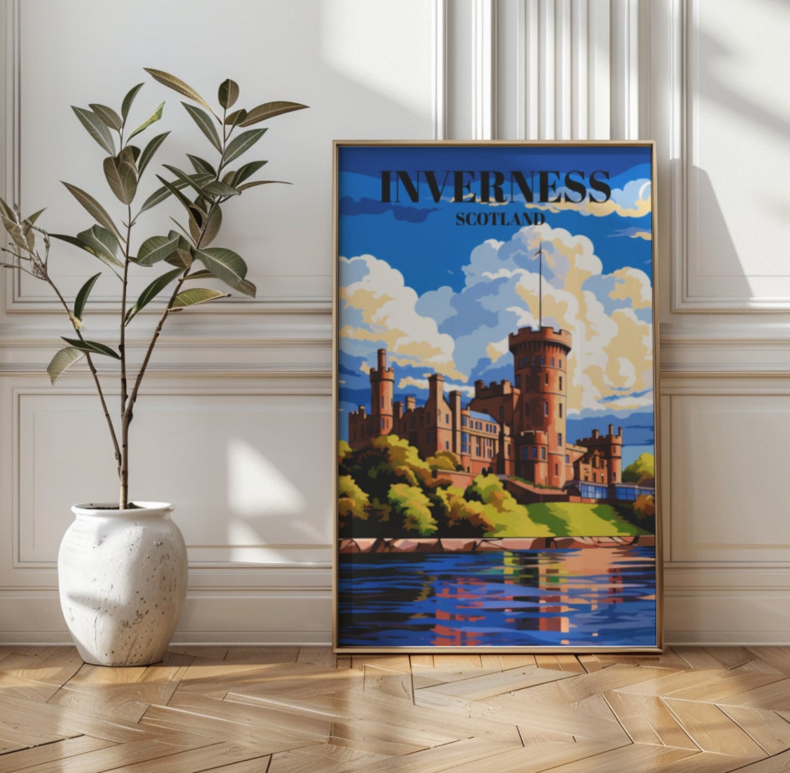 Inverness Scotland Castle Travel Poster Vibrant Blue Sky Artwork
