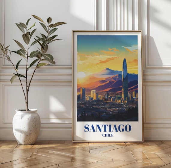 Santiago Chile Andes Mountains Skyline Sunset Vintage Travel Poster