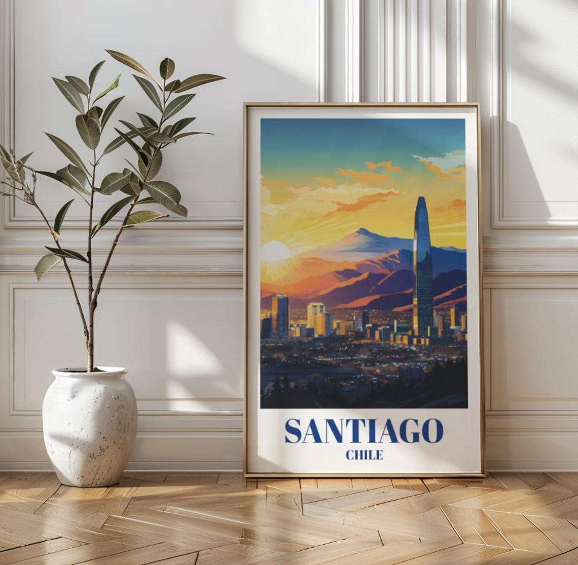 Santiago Chile Andes Mountains Skyline Sunset Vintage Travel Poster