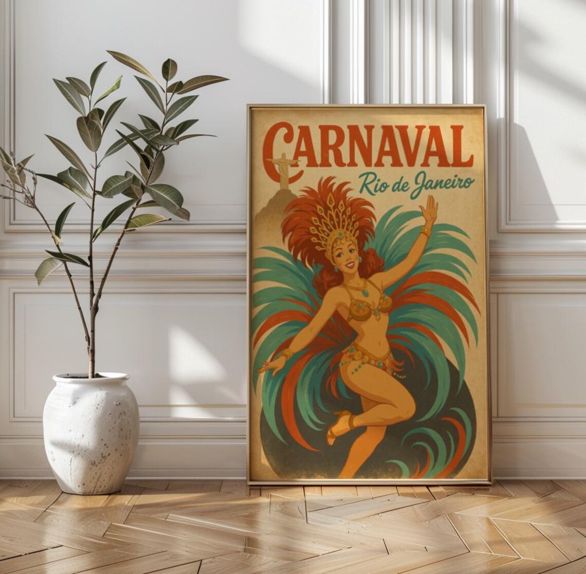 Carnaval Rio de Janeiro Vintage Samba Dancer Festival Travel Poster