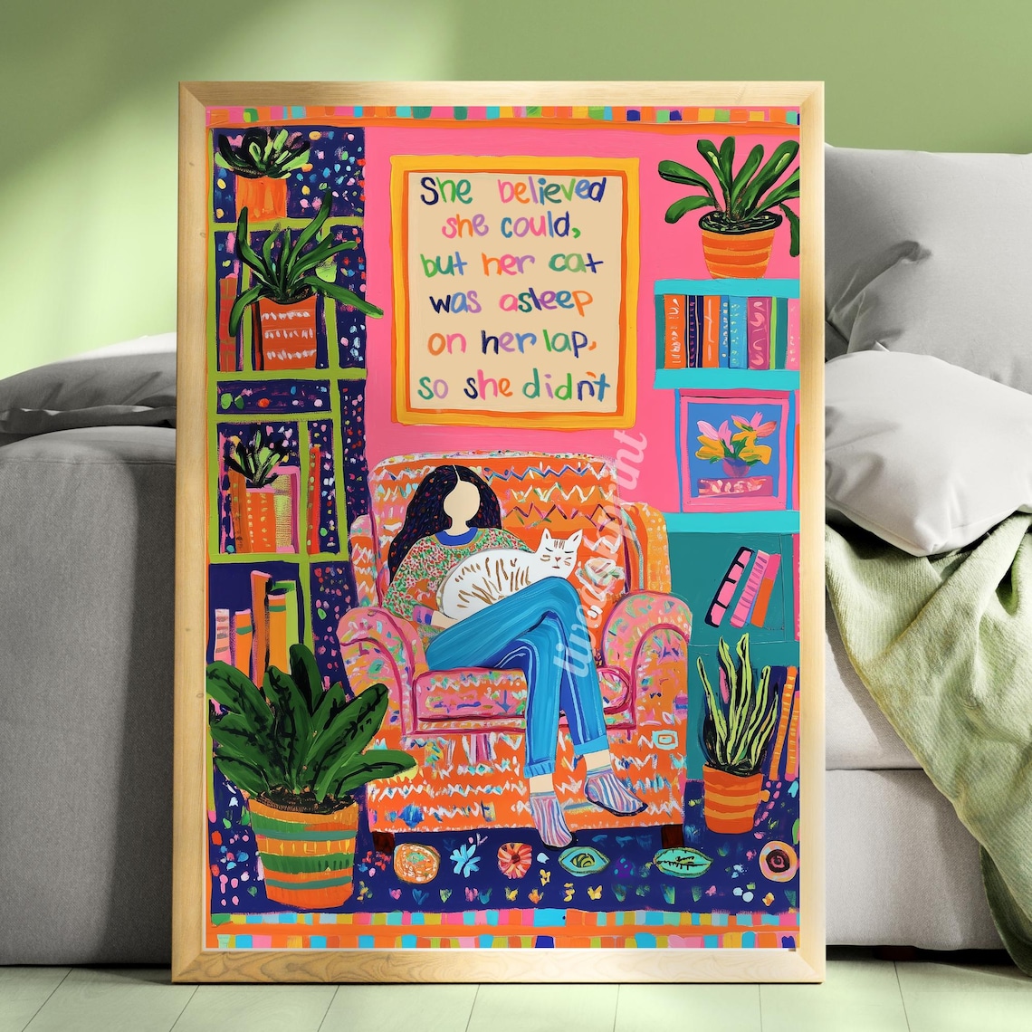 Funny Cozy Cat Reading Print, Bookish Cat Lover