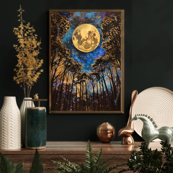 Full Moon Above The Trees Gold And Deep Blue Moon Wall Art Moody Celestial Print Mystical Nature Inspired Decor Dark Nature Print