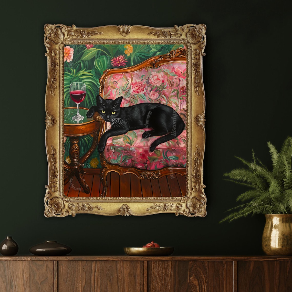 Black Cat With Red Wine, Maximalist Cat Art Print