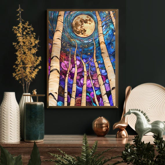 Moon And Birch Trees Enchanting Mystical Moon Blue And Purple Dark Nature