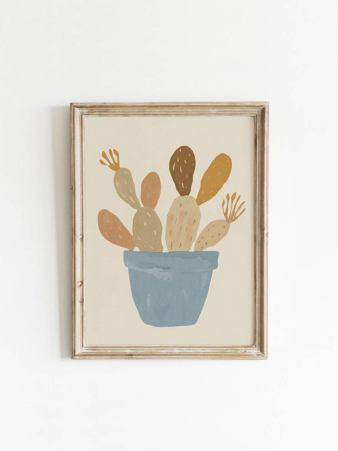Boho Prickly Pear Cactus in Blue Pot Modern Botanical Art Poster