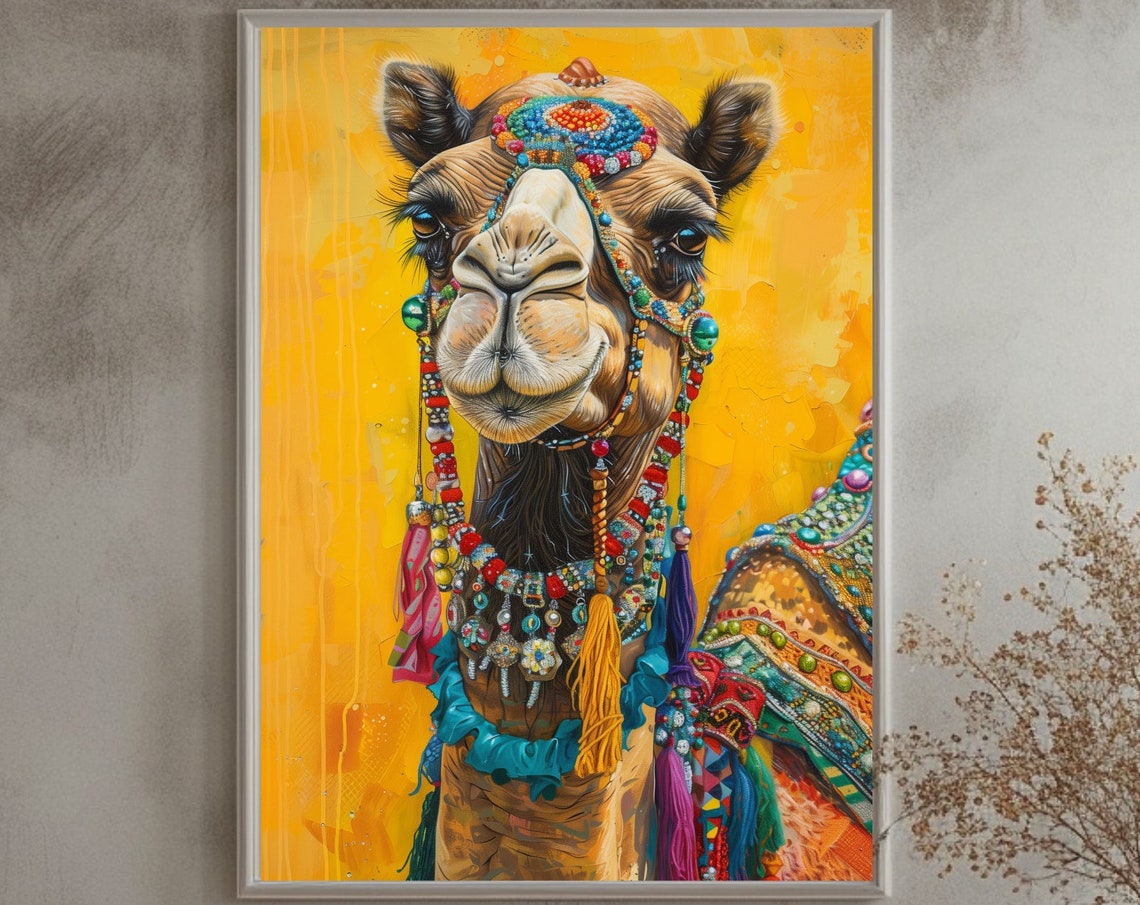Decorated Camel Colorful Beads Golden Background Boho Art Poster - Image 3