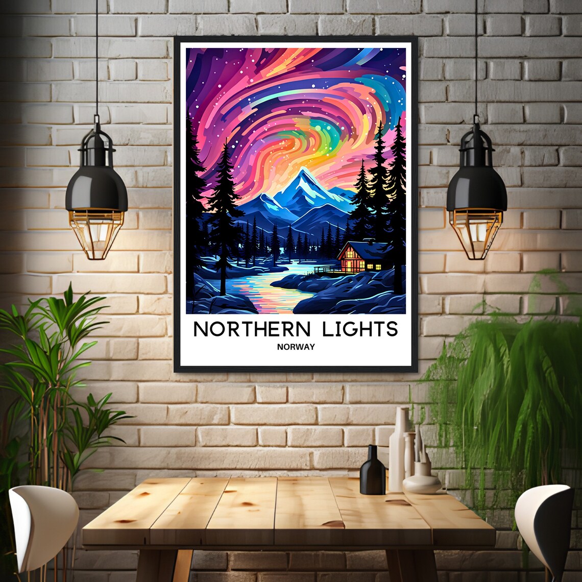 Northern Lights Aurora Cabin Norway Winter Night Sky Scene Poster - Image 3