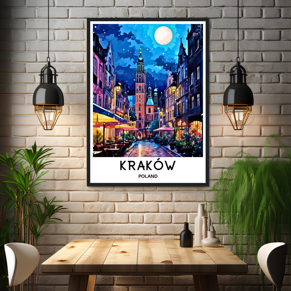 Krakow Poland Old Town at Night Under Full Moon Travel Poster - Image 3