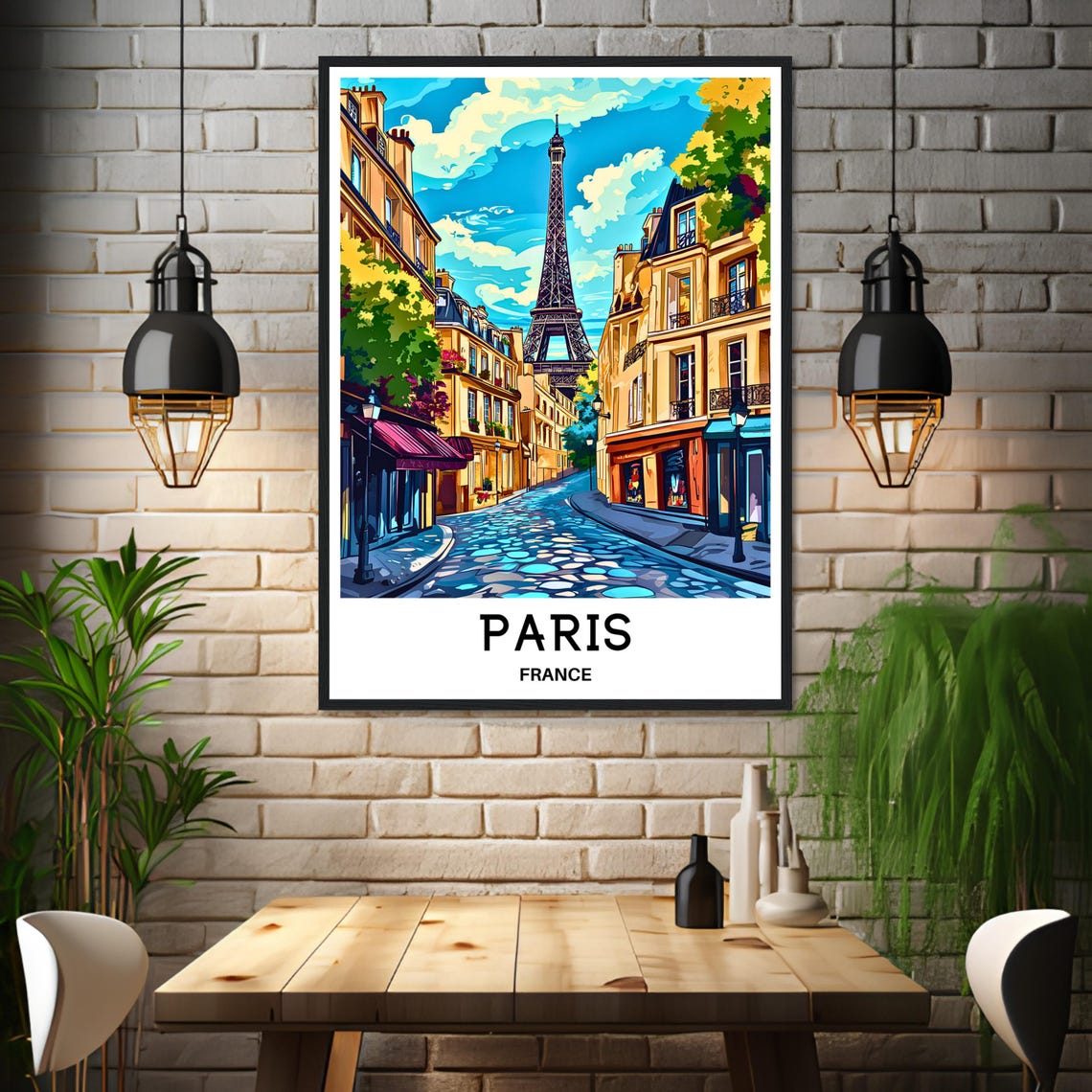 Paris Cobblestone Street Eiffel Tower Cafes in France Poster - Image 3