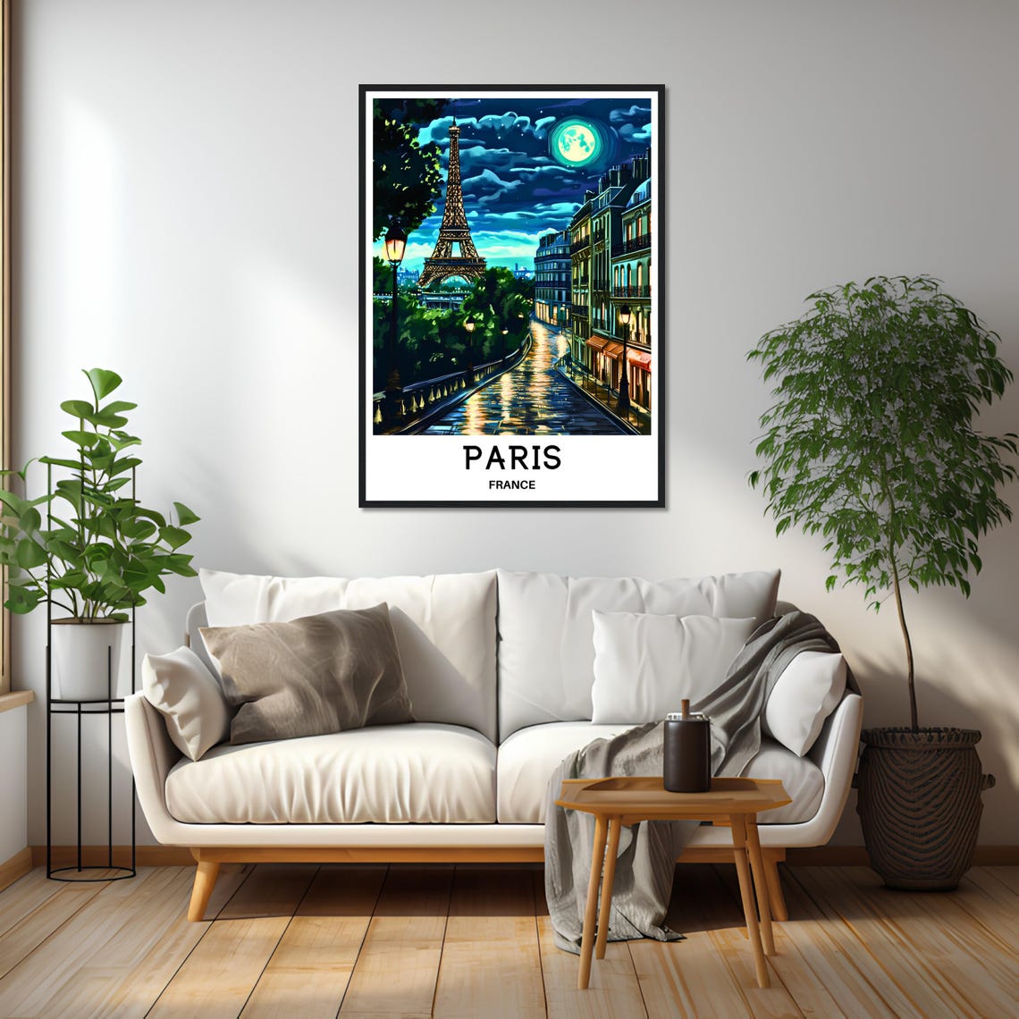 Paris Eiffel Tower at Night Under a Bright Full Moon Travel Poster - Image 2