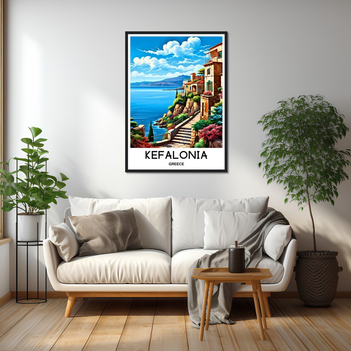 Kefalonia Greece Cliffside Village Steps Over Blue Sea Travel Poster - Image 2