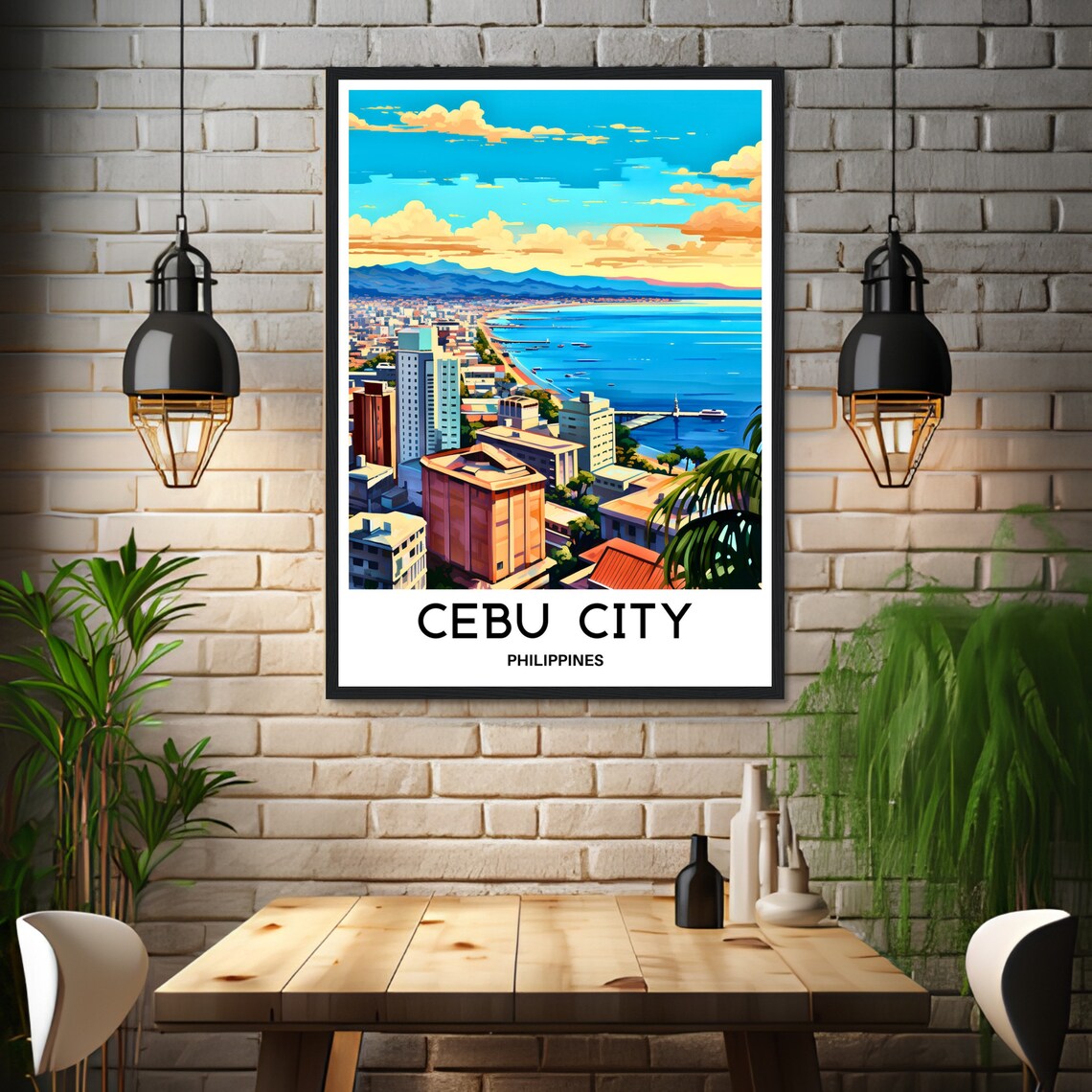 Cebu City Harbor Skyline With Palm Trees at Golden Hour Travel Poster - Image 3
