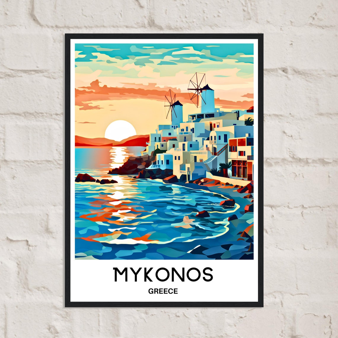 Mykonos Greece Whitewashed Windmills at Sunset Travel Poster - Image 2