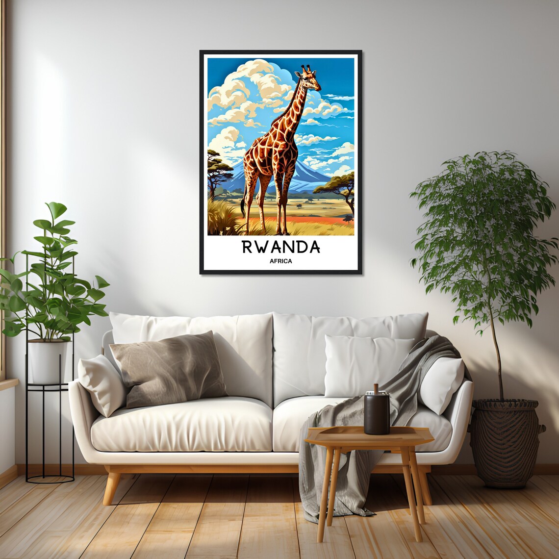 Rwanda Tall Giraffe Golden Savanna Volcano Africa Travel Poster - Image 2