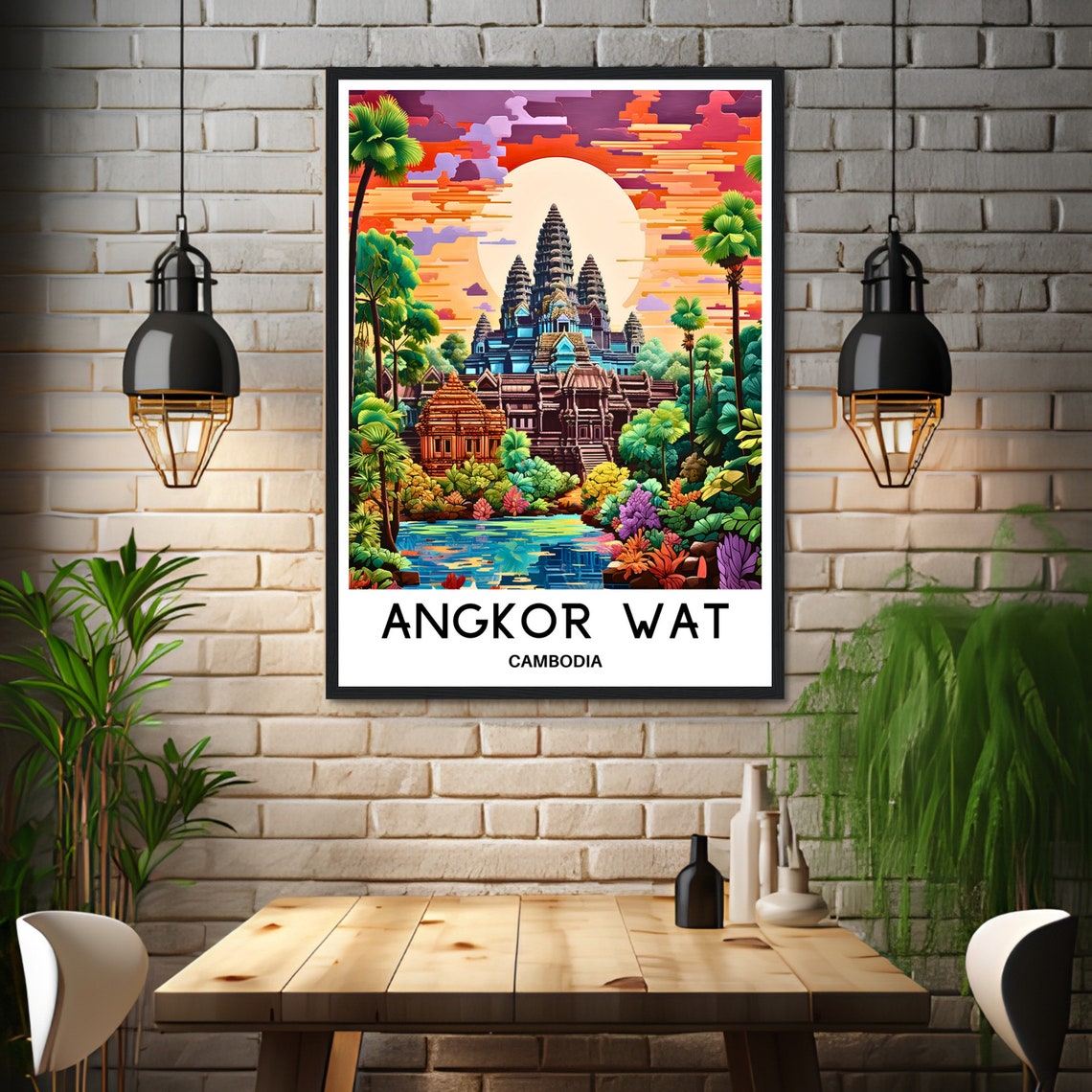 Angkor Wat Cambodia Temple Sunset Jungle Palms Travel Poster - Image 3