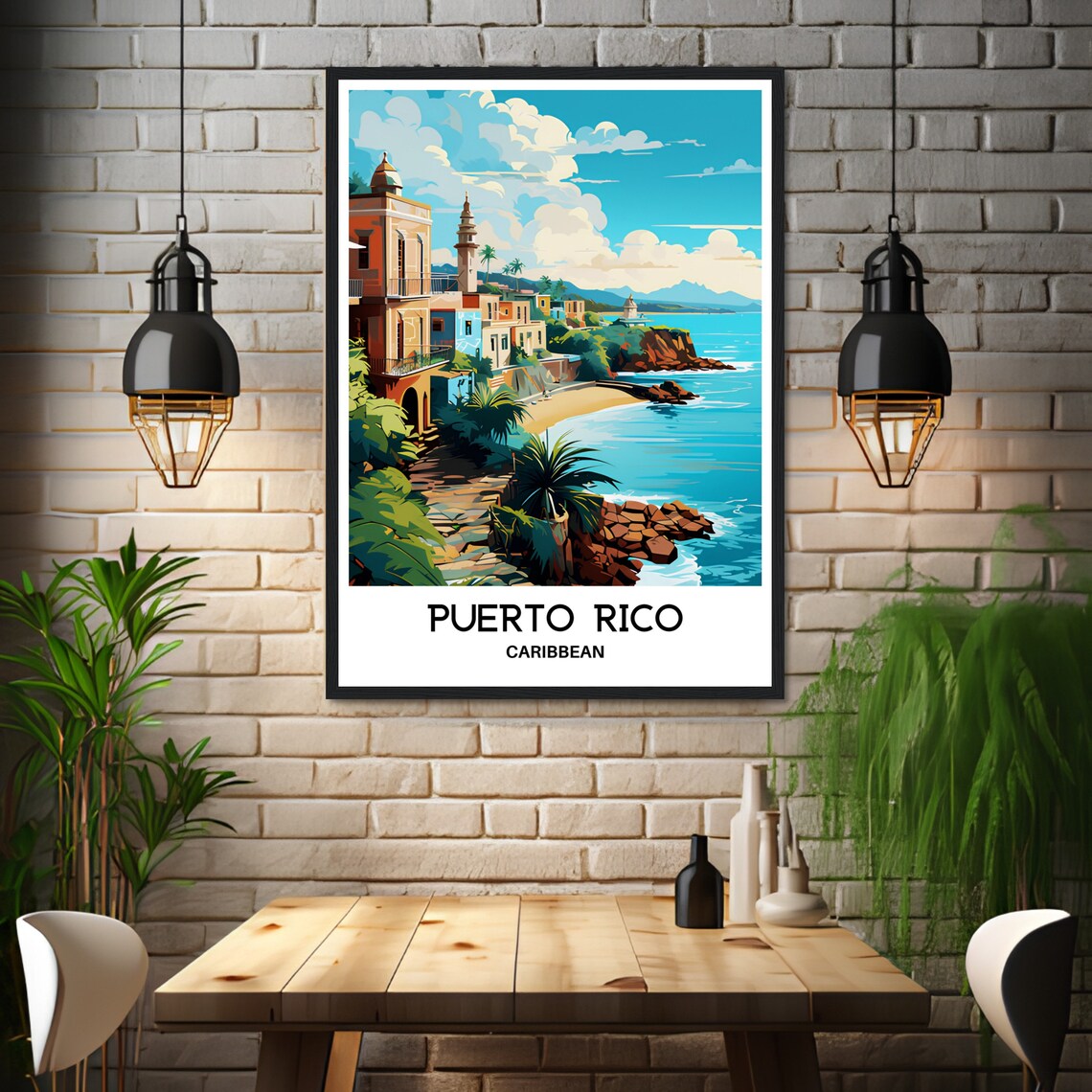 Puerto Rico Caribbean Coastal Town Colorful Illustration Travel Poster - Image 3