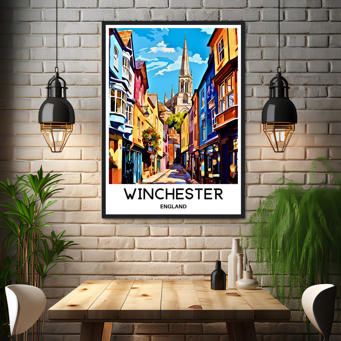 Winchester Cathedral Spire Over Colorful Old Town Street Poster - Image 3